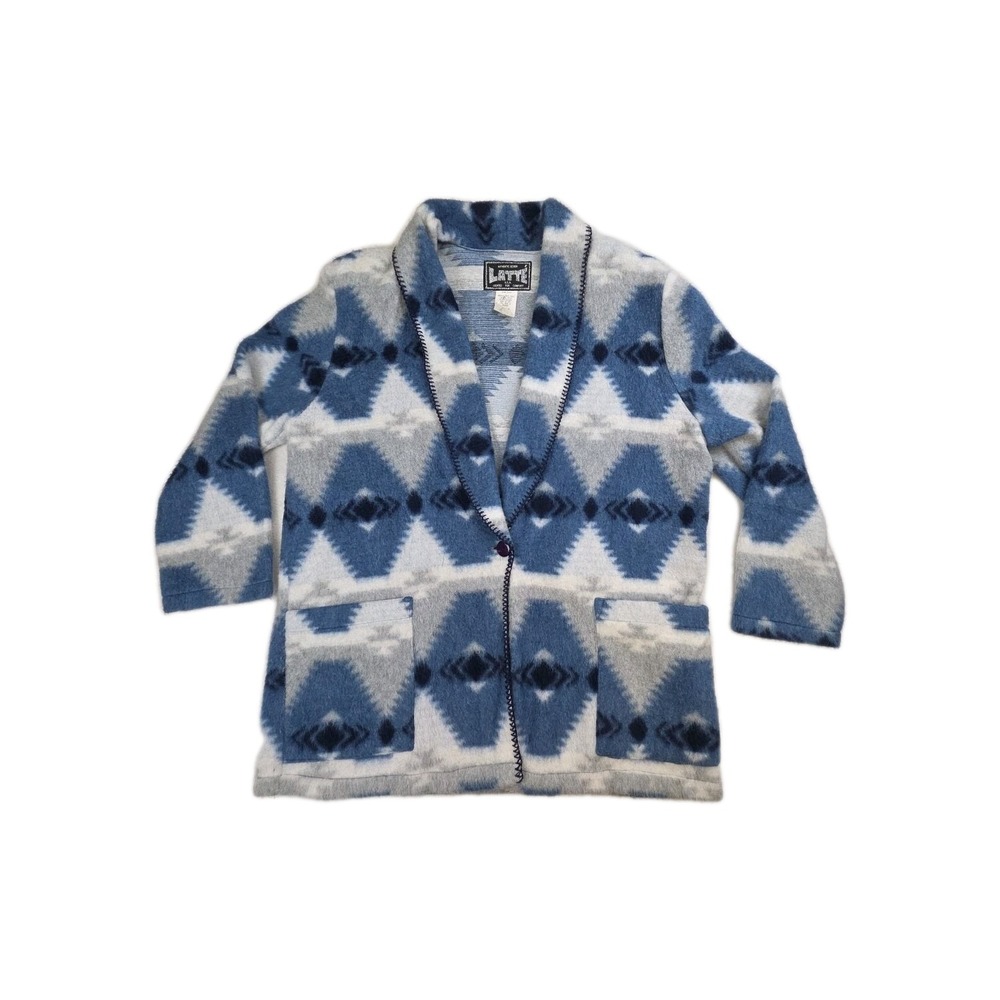 Vtg 90s Southwest Aztec Blanket Santa Fe‎ Jacket Blue Fleece LATTE' Women Large
